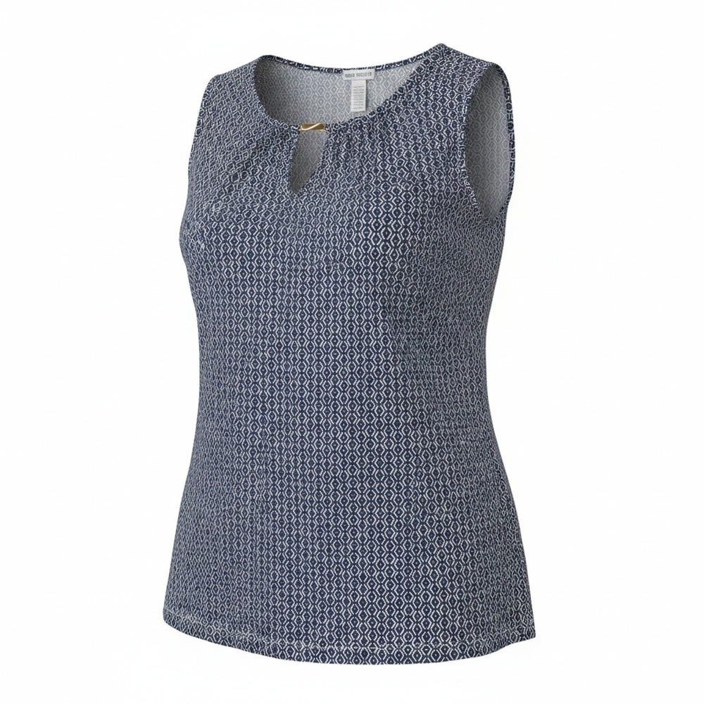 Emily Stacy Blouse Womens 3X Navy White Geometric Keyhole Gold Bar Sleeveless